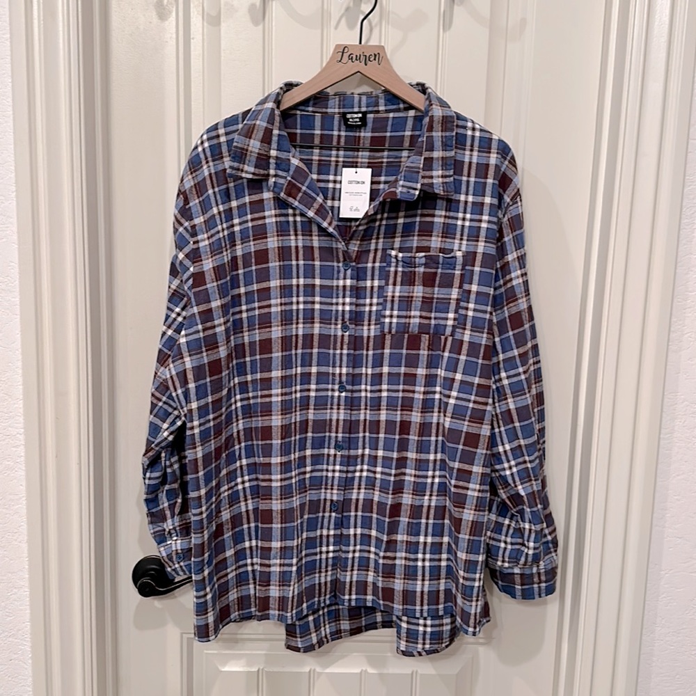 NWT Blue/Purple Plaid Cotton On Boyfriend Shirt XL